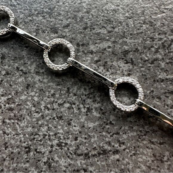 NEW Pretty Bird Pave Circular & Bar Link White Gold Plated Bracelet 6.75" / 7.5" - Picture 6 of 13